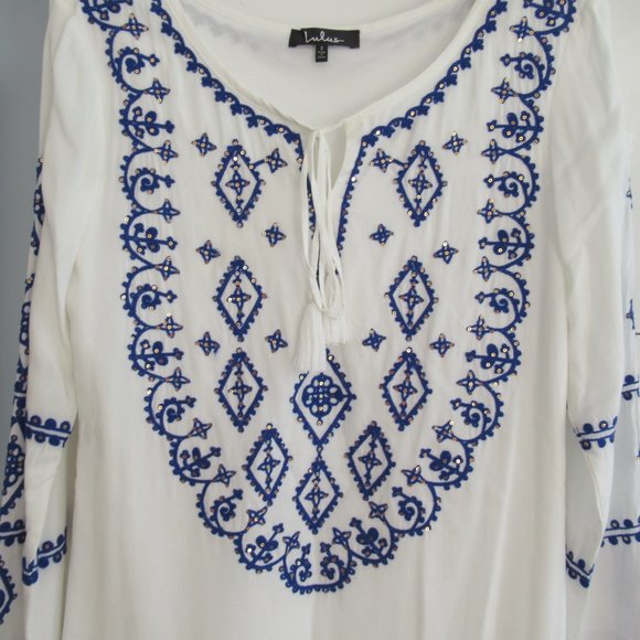 Lulus Womens Sz. S Long Sleeve Embroidered Tie Neck Boho Mini Dress White Blue - Picture 3 of 12